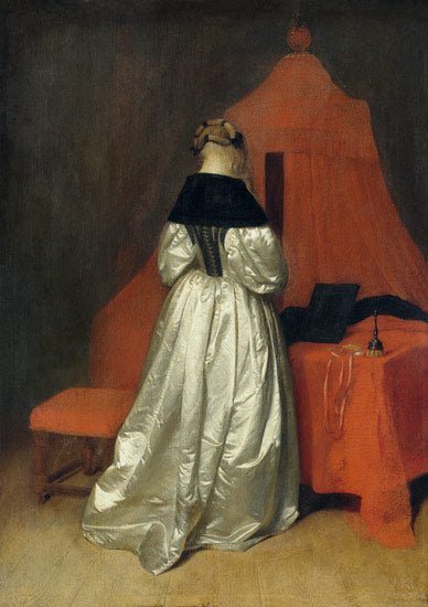 Eine Dame in weissem Atlas vor dem Bett mit roten Vorhaengen (From an art copy website), vintage artwork by Gerard ter Borch, 12x8" (A4) Poster