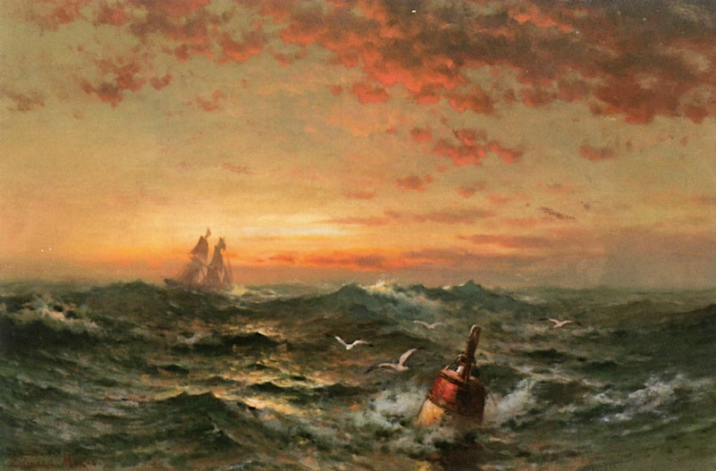 Sunrise Seascape with Buoy, vintage artwork by Edward Moran, 12x8" (A4) Poster