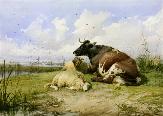 A Cow and Two Sheep, vintage artwork by Thomas Sidney Cooper, A3 (16x12") Poster Print
