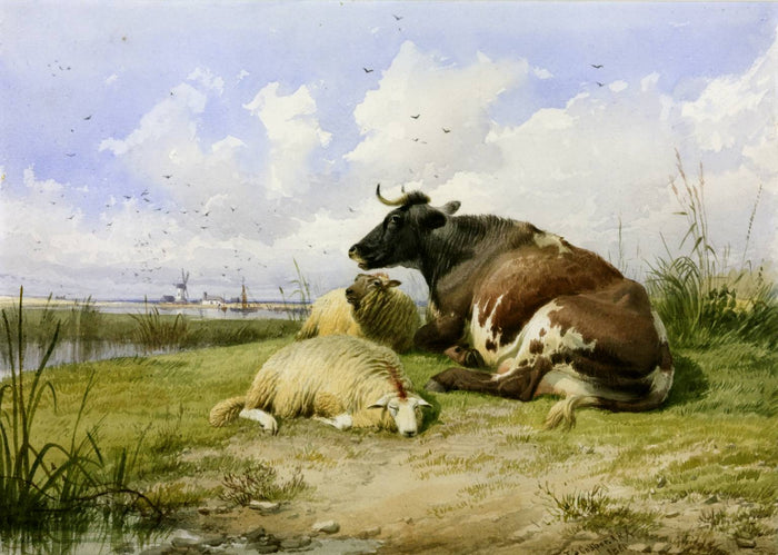 A Cow and Two Sheep, vintage artwork by Thomas Sidney Cooper, A3 (16x12