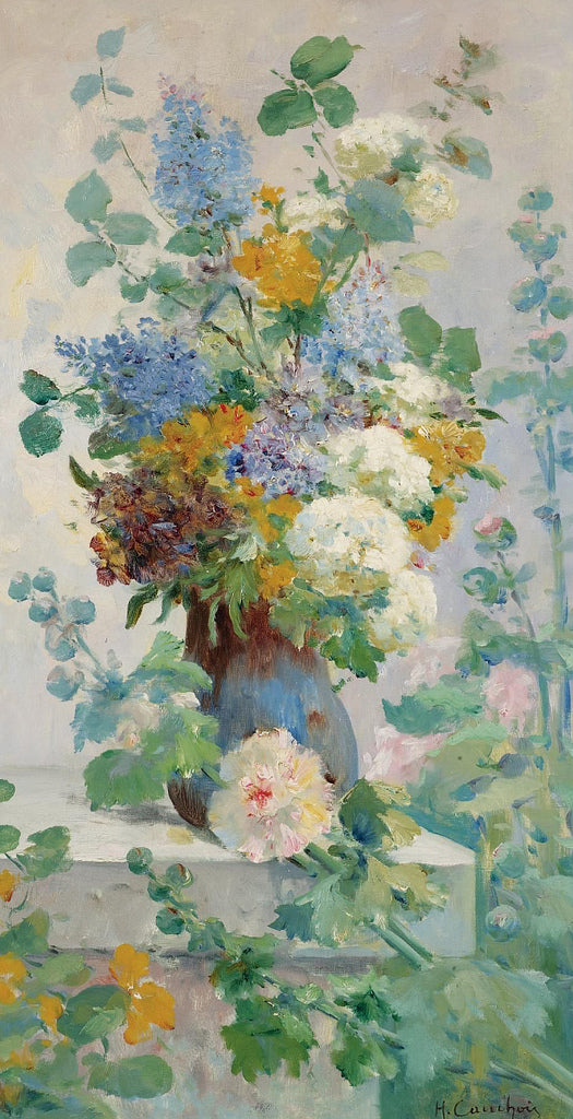 Summer Flowers with Hollyhocks, vintage artwork by Eugene Henri Cauchois, 12x8" (A4) Poster