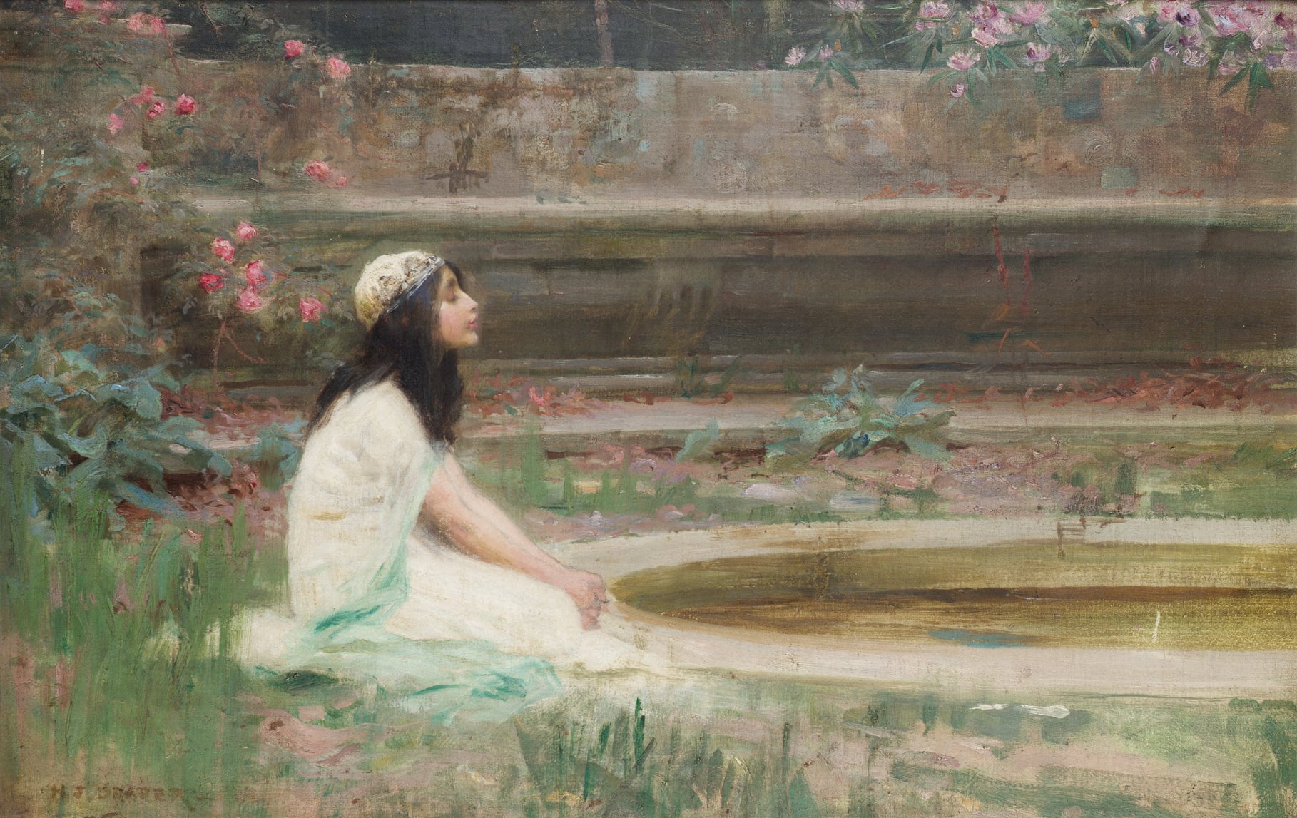 A Young Girl by  a Pool, vintage artwork by Herbert James Draper, 12x8" (A4) Poster