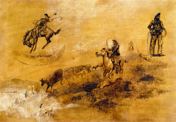 Bronco Busting/Driving In by Charles Marion Russell,A3(16x12