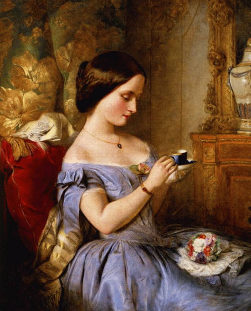 Taking Tea in the Drawing Room, vintage artwork by Arthur Hughes, 12x8" (A4) Poster
