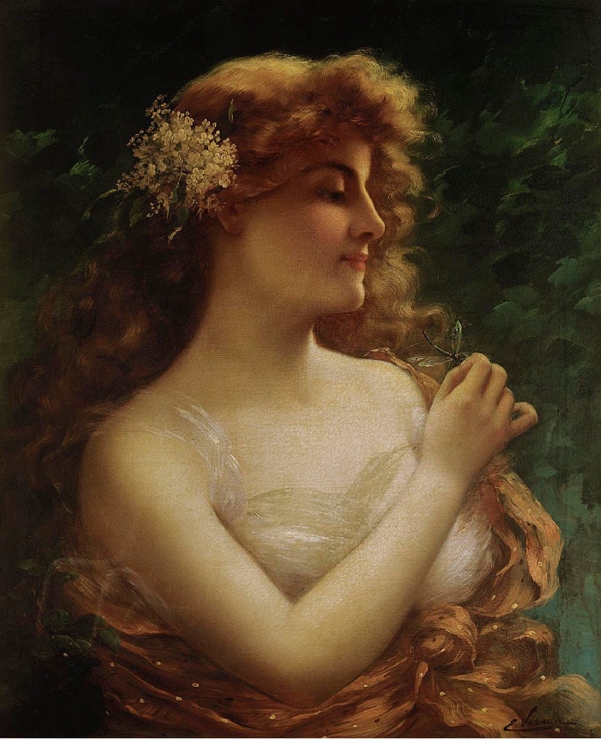 Young Woman with a Dragonfly by Emile Vernon,16x12(A3) Poster