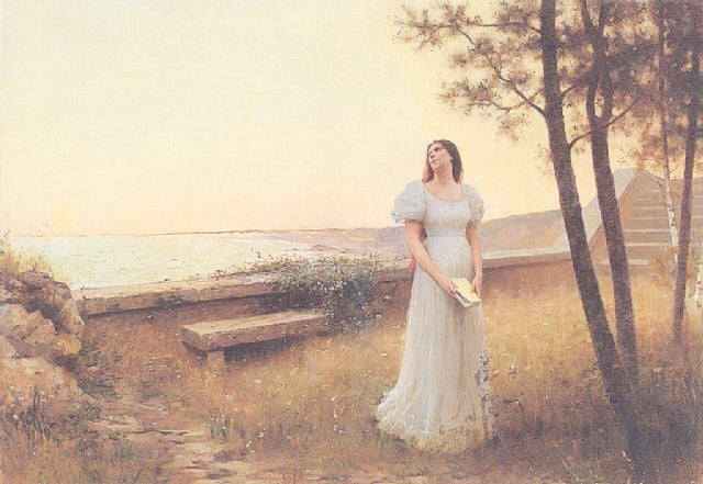 Young Woman in White Dress with Book, vintage artwork by Henri Paul Perrault, 12x8" (A4) Poster