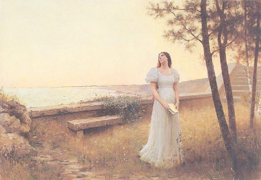 Young Woman in White Dress with Book, vintage artwork by Henri Paul Perrault, 12x8" (A4) Poster