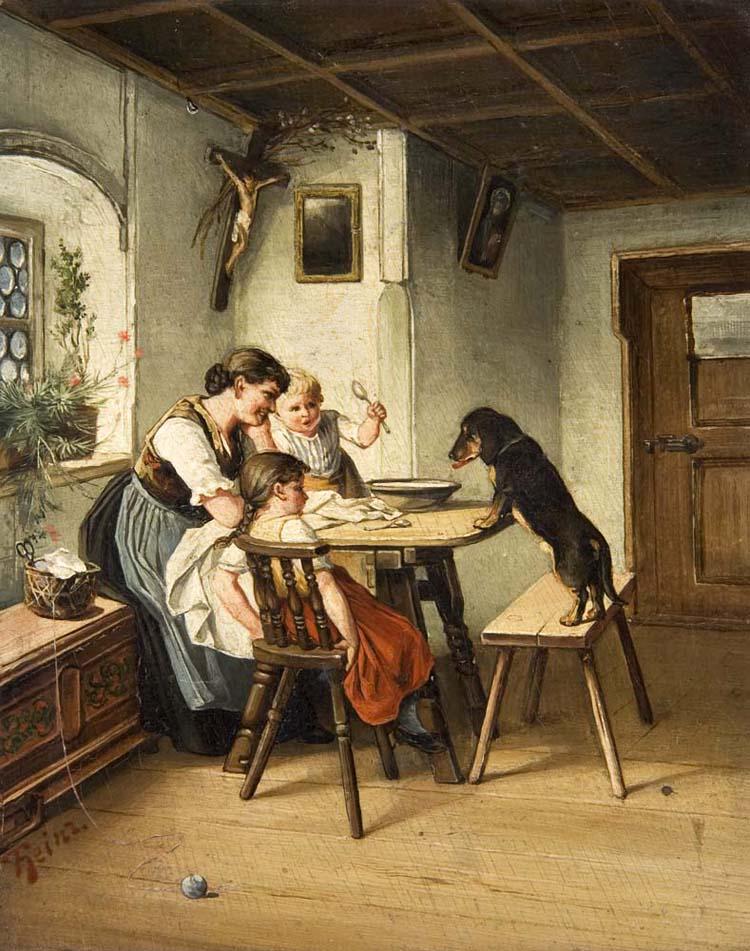 Feeding dog, vintage artwork by Carl Reichert, 12x8" (A4) Poster