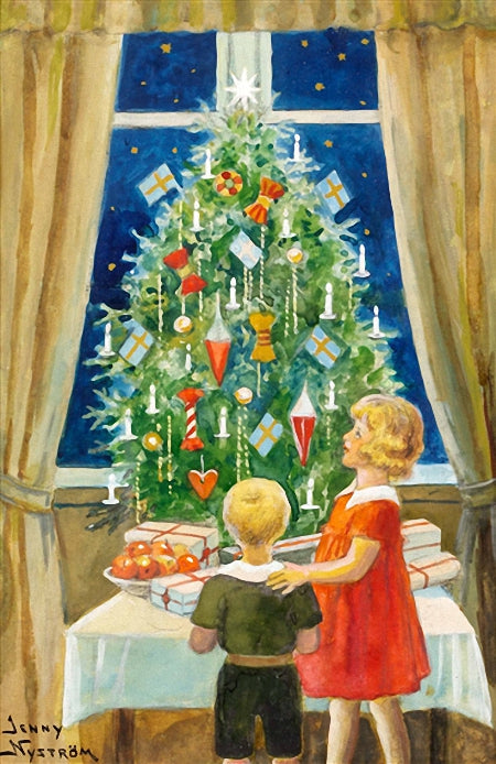Children by  the Christmas Tree, vintage artwork by Jenny Nyström, 12x8" (A4) Poster