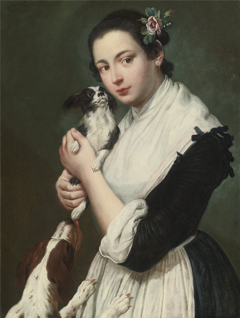 Young Lady with Two Dogs, vintage artwork by Giacomo Ceruti, 12x8" (A4) Poster