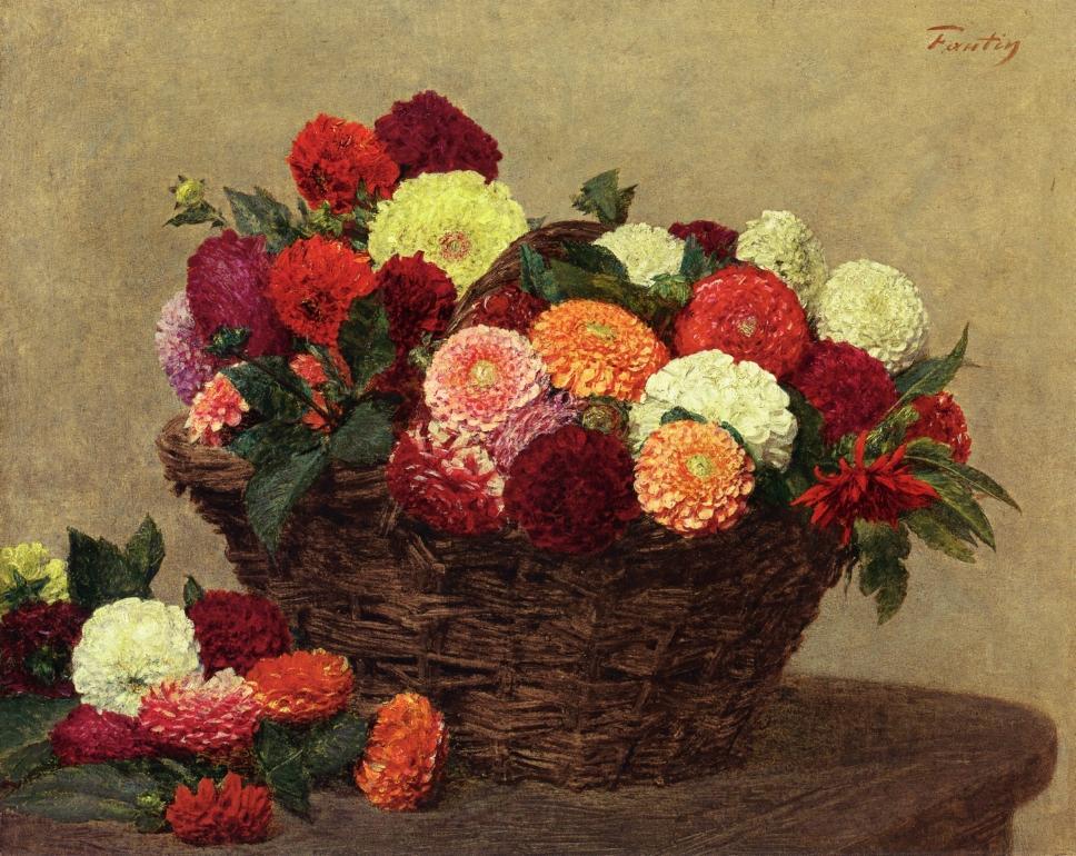 Basket of Dahlias, vintage artwork by Henri Fantin-Latour, 12x8" (A4) Poster