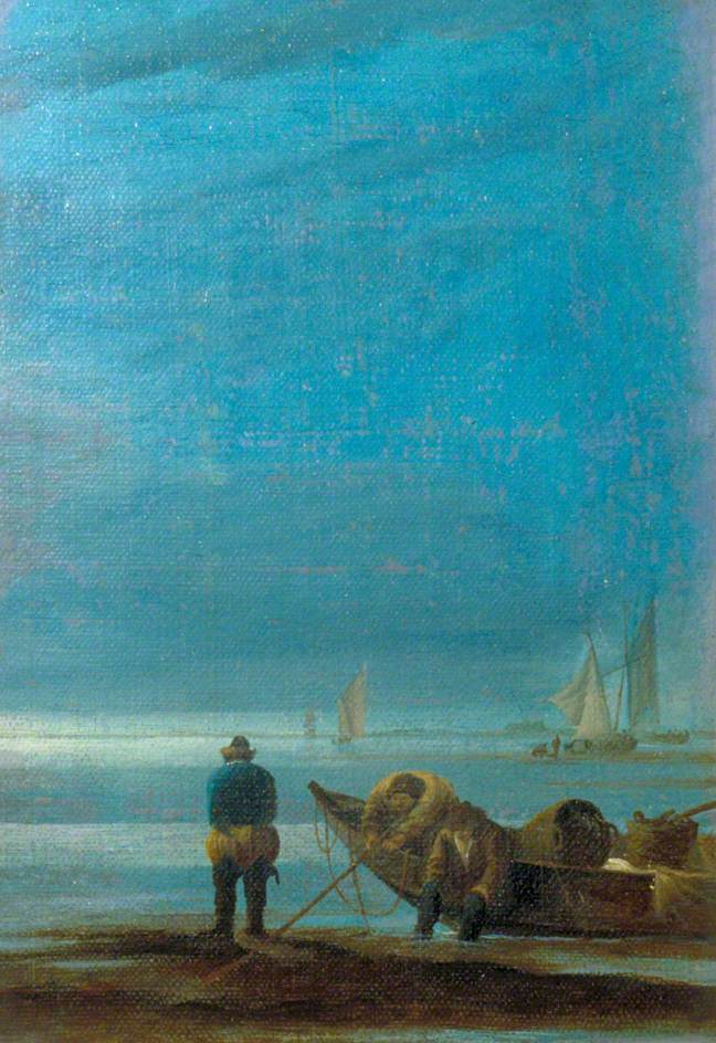Seascape with Fishermen, vintage artwork by Jan van de Cappelle, 12x8" (A4) Poster