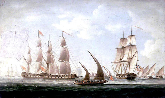 Attack on HMS 'Aurora' by  Pirates, 1812: Beginning of the Action, vintage artwork by Thomas Buttersworth, 12x8" (A4) Poster