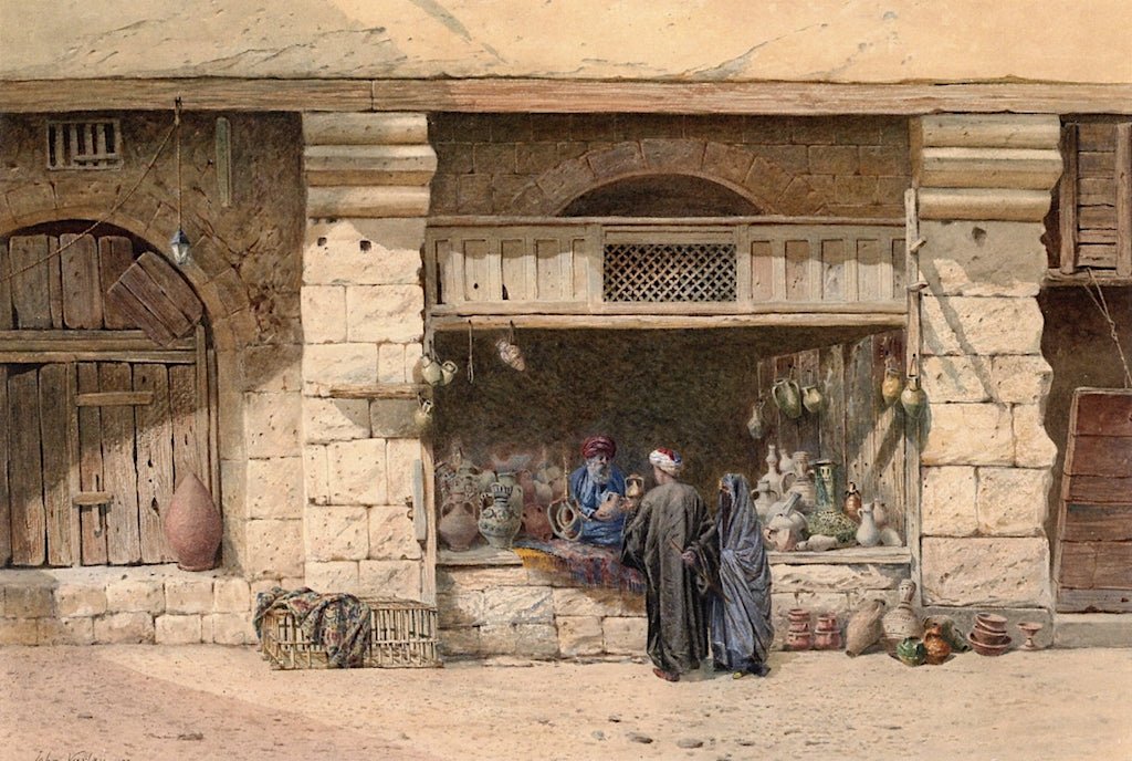 Bartering at a Pottery Stand, vintage artwork by John Varley the Younger, 12x8" (A4) Poster