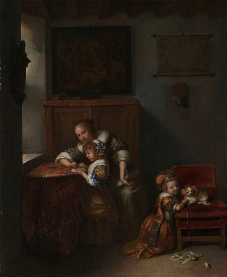 A Lady Teaching a Child to Read, and a Child Playing with a Dog, vintage artwork by Caspar Netscher, 12x8" (A4) Poster