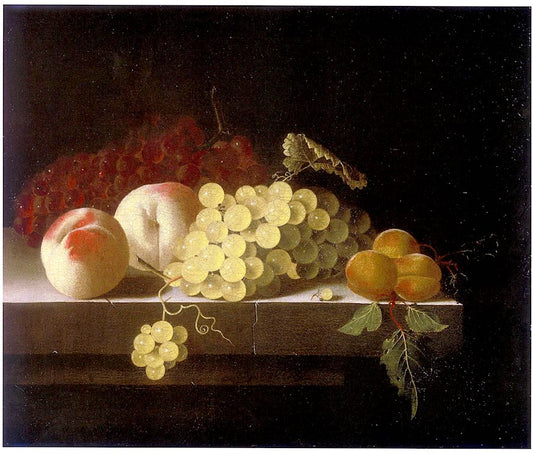 Grapes, Peaches and Apricots on a Stone Plinth, vintage artwork by Adriaen Coorte, 12x8" (A4) Poster