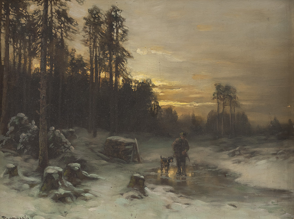Hunter in a Winter Landscape, vintage artwork by Desire Thomassin-Renardt, 12x8" (A4) Poster
