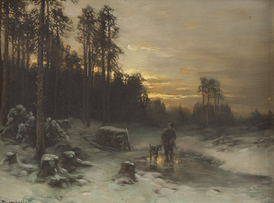 Hunter in a Winter Landscape, vintage artwork by Desire Thomassin-Renardt, 12x8" (A4) Poster