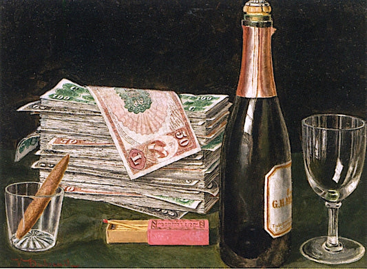 Still Life with Money Pile and Champagne, vintage artwork by Victor Dubreuil, 12x8" (A4) Poster