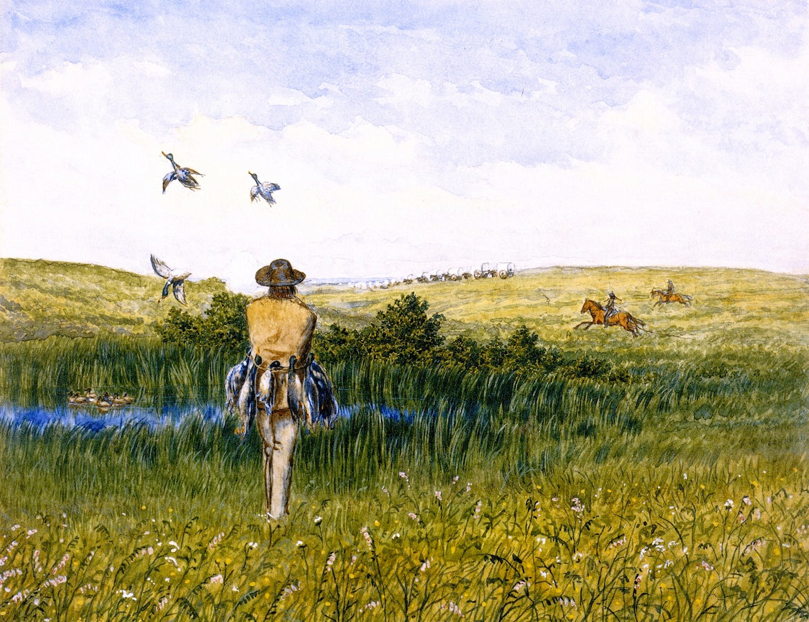 Duck Hunting on the Prairies with an Immigrant Wagon Train in the Distance, vintage artwork by William George Richardson Hind, 12x8" (A4) Poster