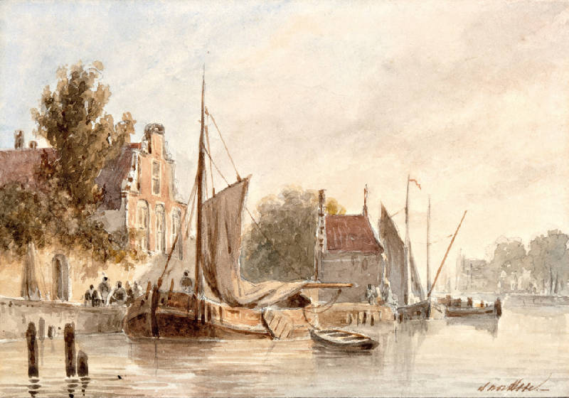 Sailing ship at the wharf of a Dutch town, vintage artwork by Bartholomeus Johannes van Hove, A3 (16x12") Poster Print