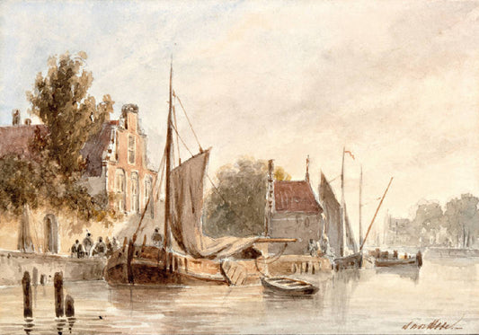 Sailing ship at the wharf of a Dutch town, vintage artwork by Bartholomeus Johannes van Hove, A3 (16x12") Poster Print
