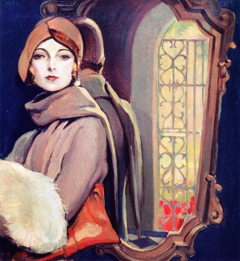 Woman and Flowers by  Mirror, vintage artwork by Alexander O. Levy, 12x8" (A4) Poster