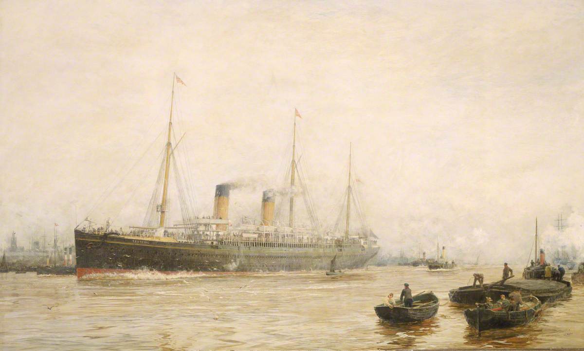 The Teutonic Leaving Liverpool, vintage artwork by William Lionel Wyllie, 12x8" (A4) Poster