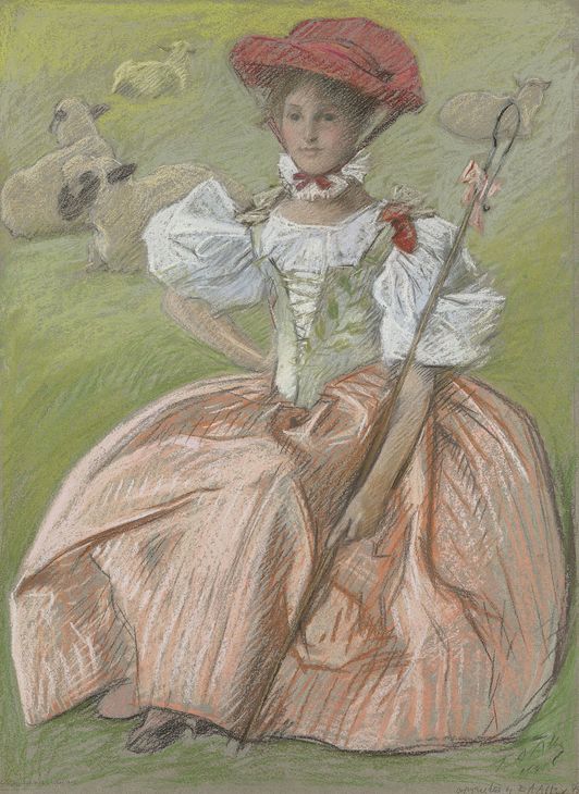 Lady in pink dress as shepherdess, vintage artwork by Edwin Austin Abbey, 12x8" (A4) Poster