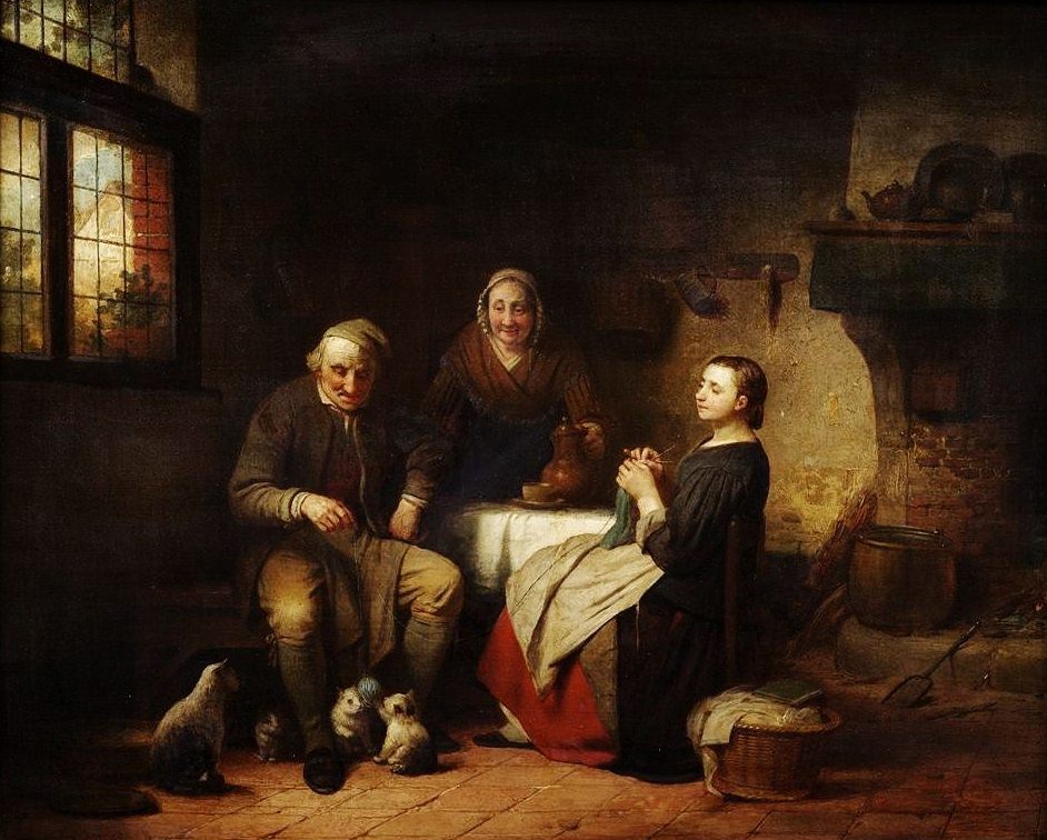 Old man with kittens, vintage artwork by Ferdinand de Braekeleer, 12x8" (A4) Poster