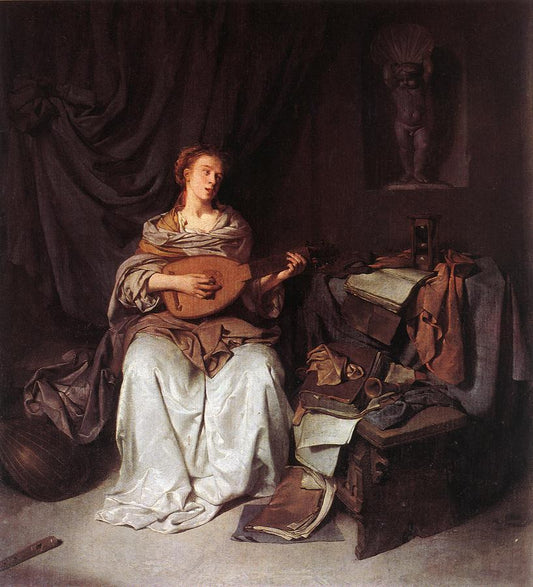Woman Playing a Lute, vintage artwork by Cornelis Pietersz  Bega, 12x8" (A4) Poster