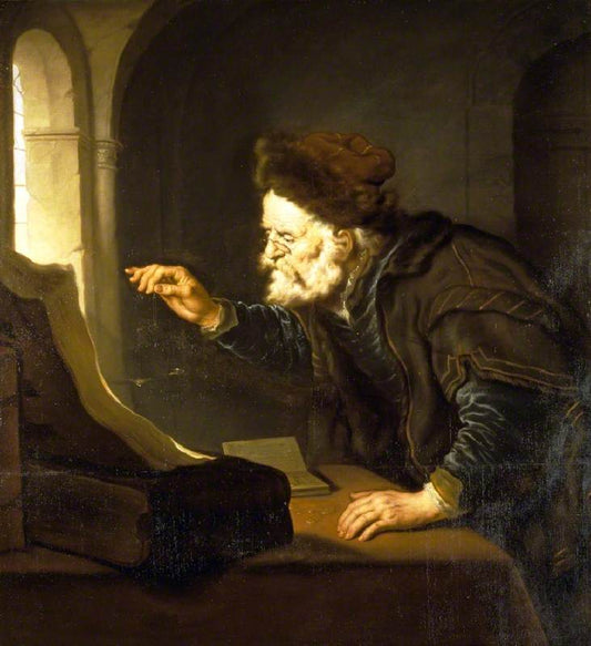 Old Man Weighing Coins, vintage artwork by Salomon Koninck, 12x8" (A4) Poster