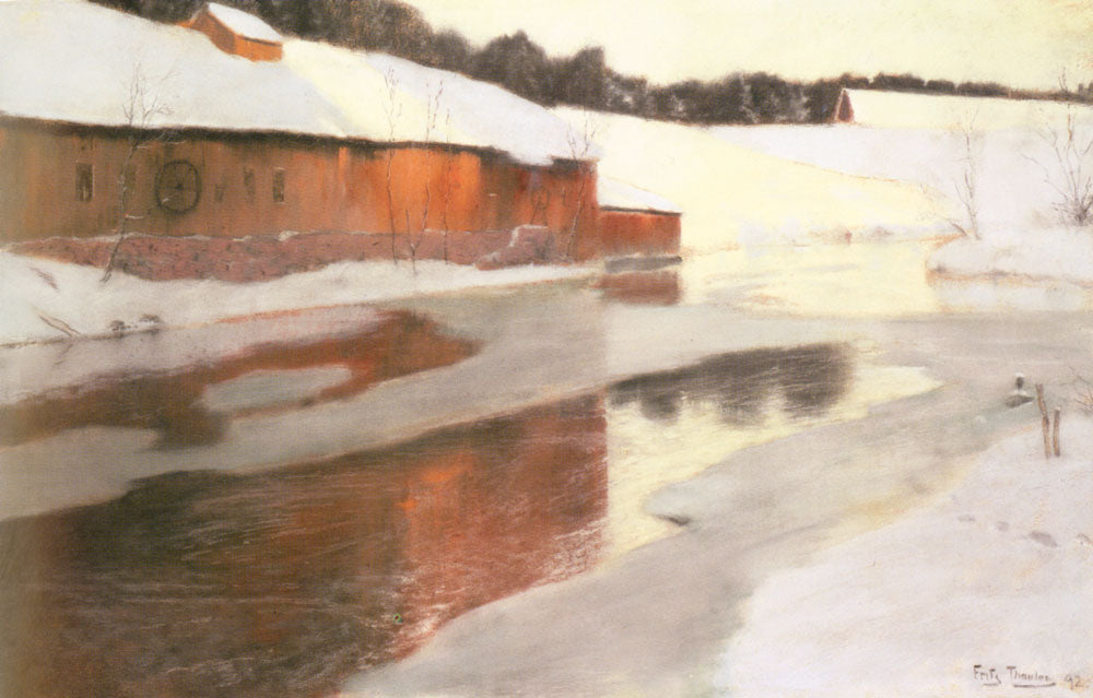 A Factory Building near an Icy River in Winter, vintage artwork by Fritz Thaulow, 12x8" (A4) Poster