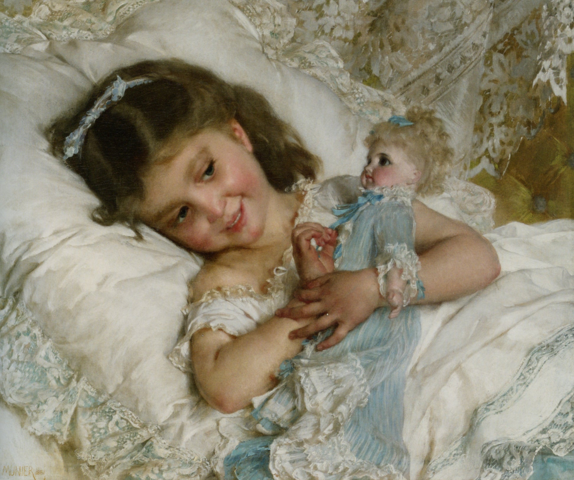 Girl with Doll, vintage artwork by Émile Munier, 12x8" (A4) Poster