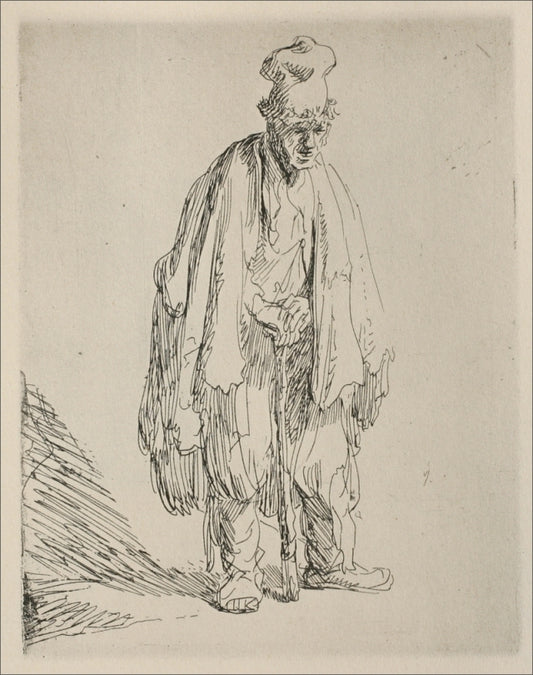 A Beggar Standing and Leaning on a Stick, vintage artwork by Rembrandt van Rijn, 12x8" (A4) Poster