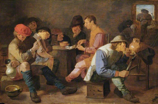 Boors Smoking and Drinking, vintage artwork by Adriaen Brouwer, 12x8" (A4) Poster