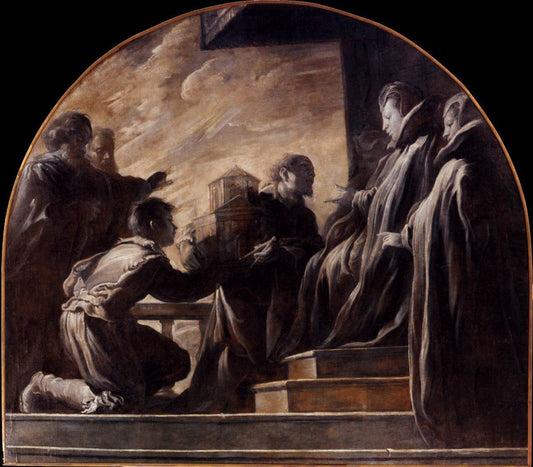 Margherita Gonzaga Receiving the Model of the Church of Saint Ursula, vintage artwork by Domenico Fetti, 12x8" (A4) Poster