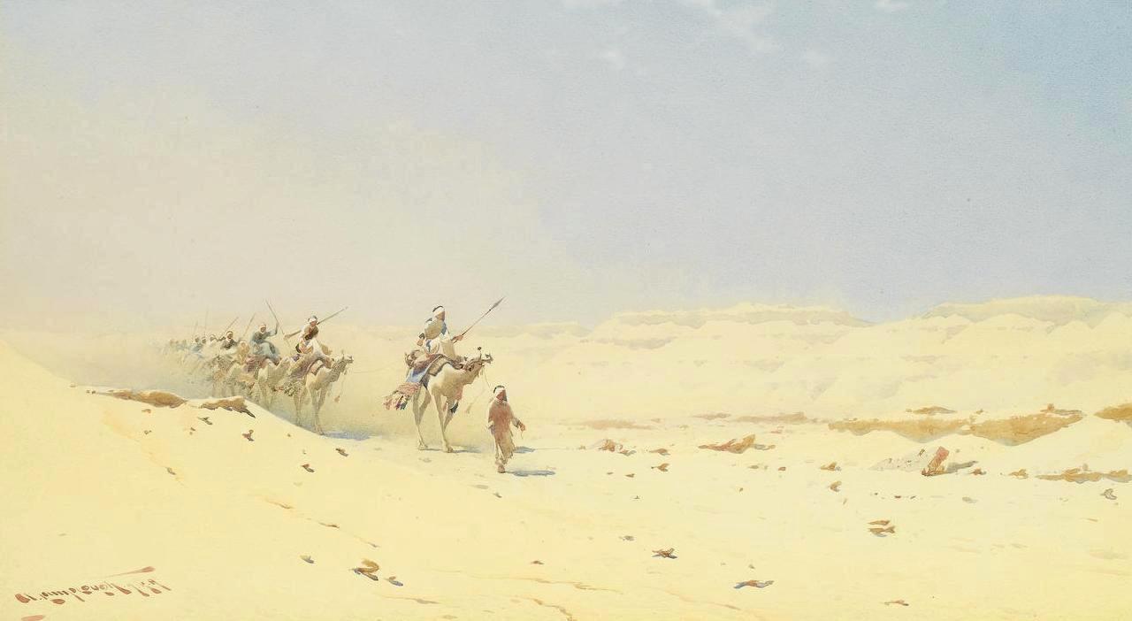 A Bedouin Camel Train, vintage artwork by Augustus Osborne Lamplough, 12x8" (A4) Poster