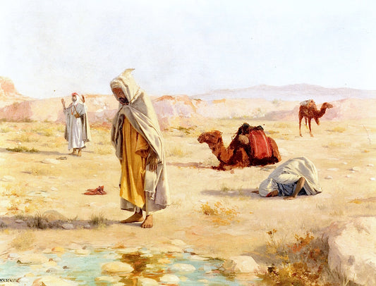 Grateful Homage/Desert Landscape with Figures in Islamic Prayer, vintage artwork by Robert Van Vorst Sewell, 12x8" (A4) Poster