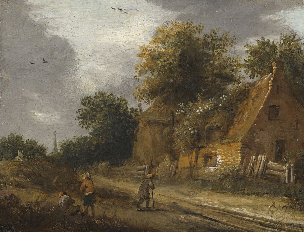 Three Figures on a Road before a Cottage, vintage artwork by Roelof van Vries, 12x8" (A4) Poster
