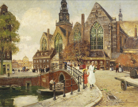 The Oude Kerk in Amsterdam, vintage artwork by Heinrich Hermanns, 12x8" (A4) Poster
