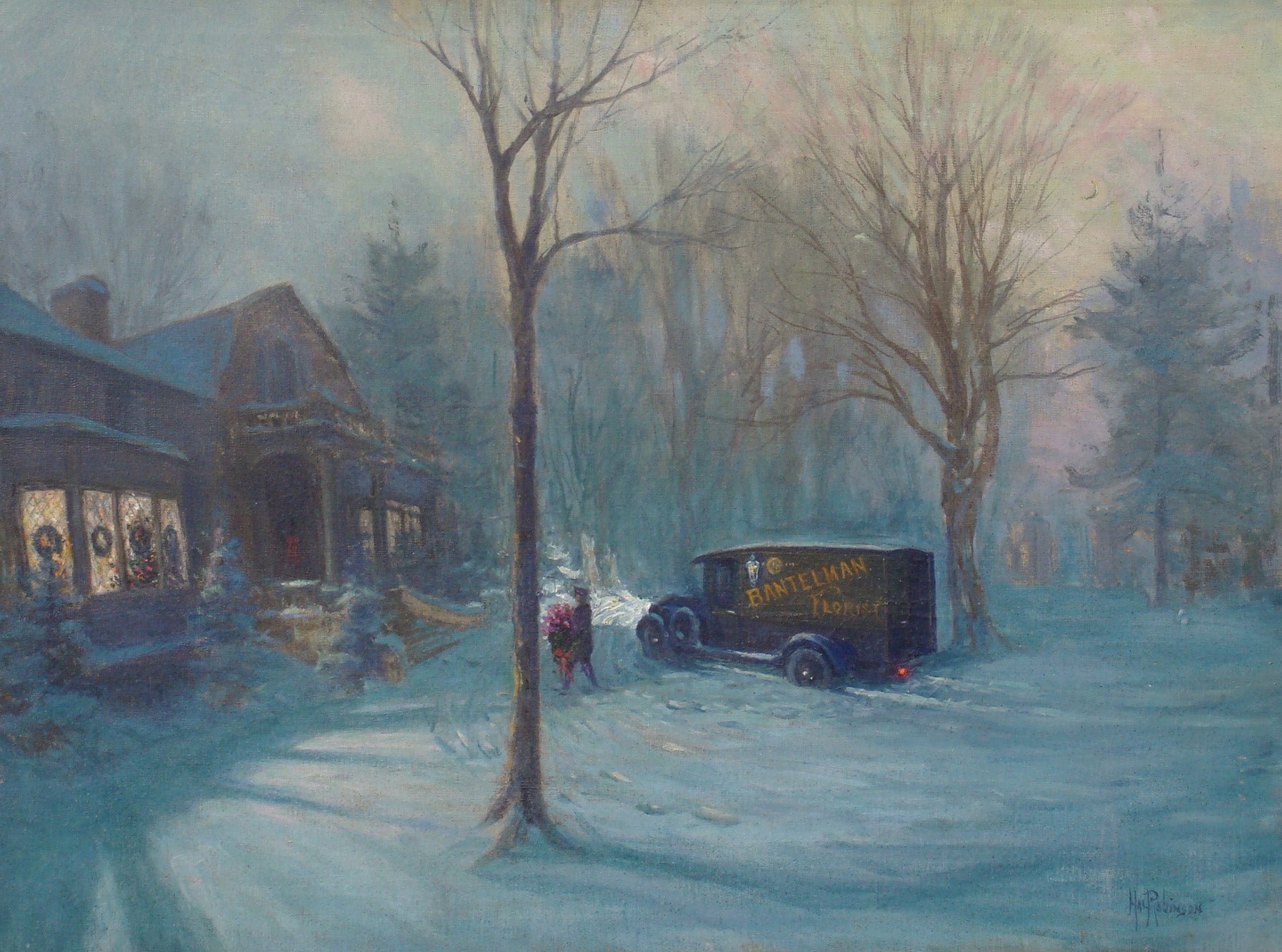 Flower Delivery, Christmas Eve, Bronxville, vintage artwork by Hal Robinson, 12x8" (A4) Poster