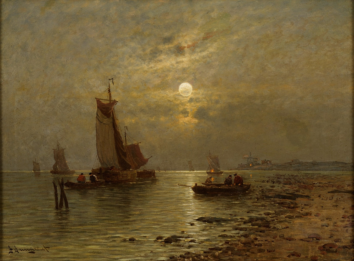 Night fishing under a full moon by Johann Jungblut,A3(16x12")Poster