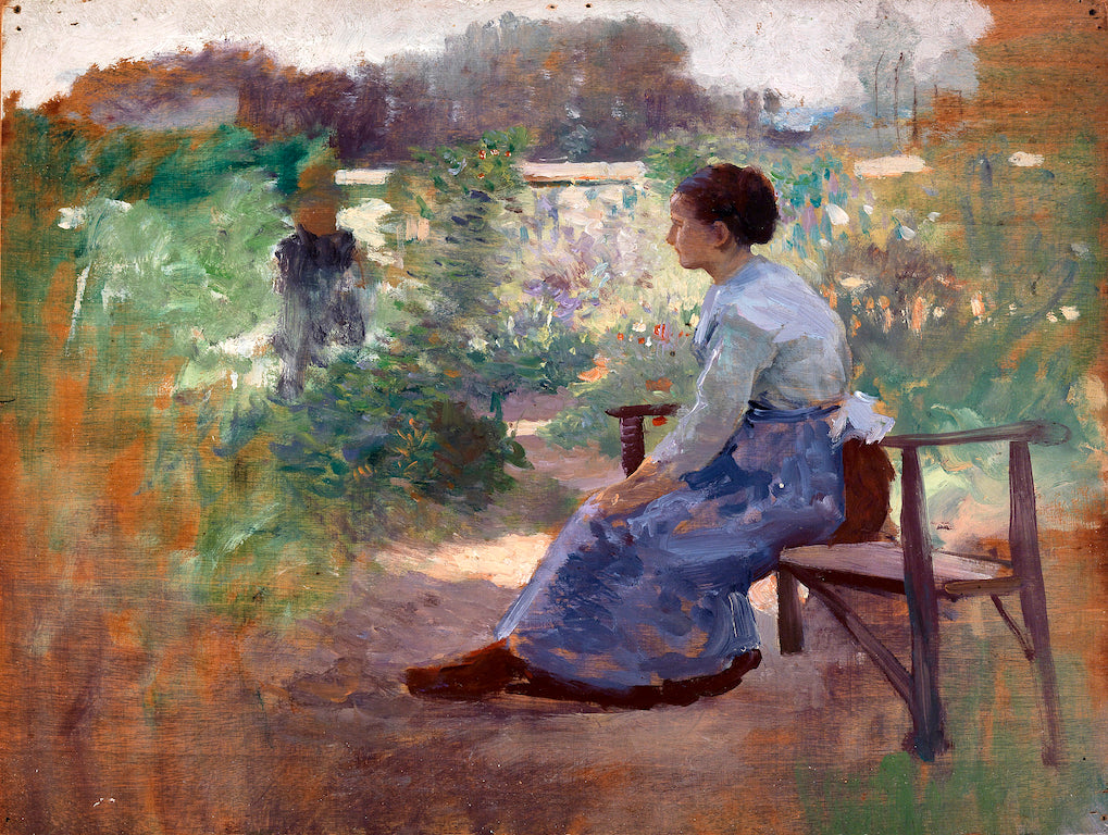 Woman Seated in a Garden, vintage artwork by Eliphalet Frazer Andrews, 12x8" (A4) Poster