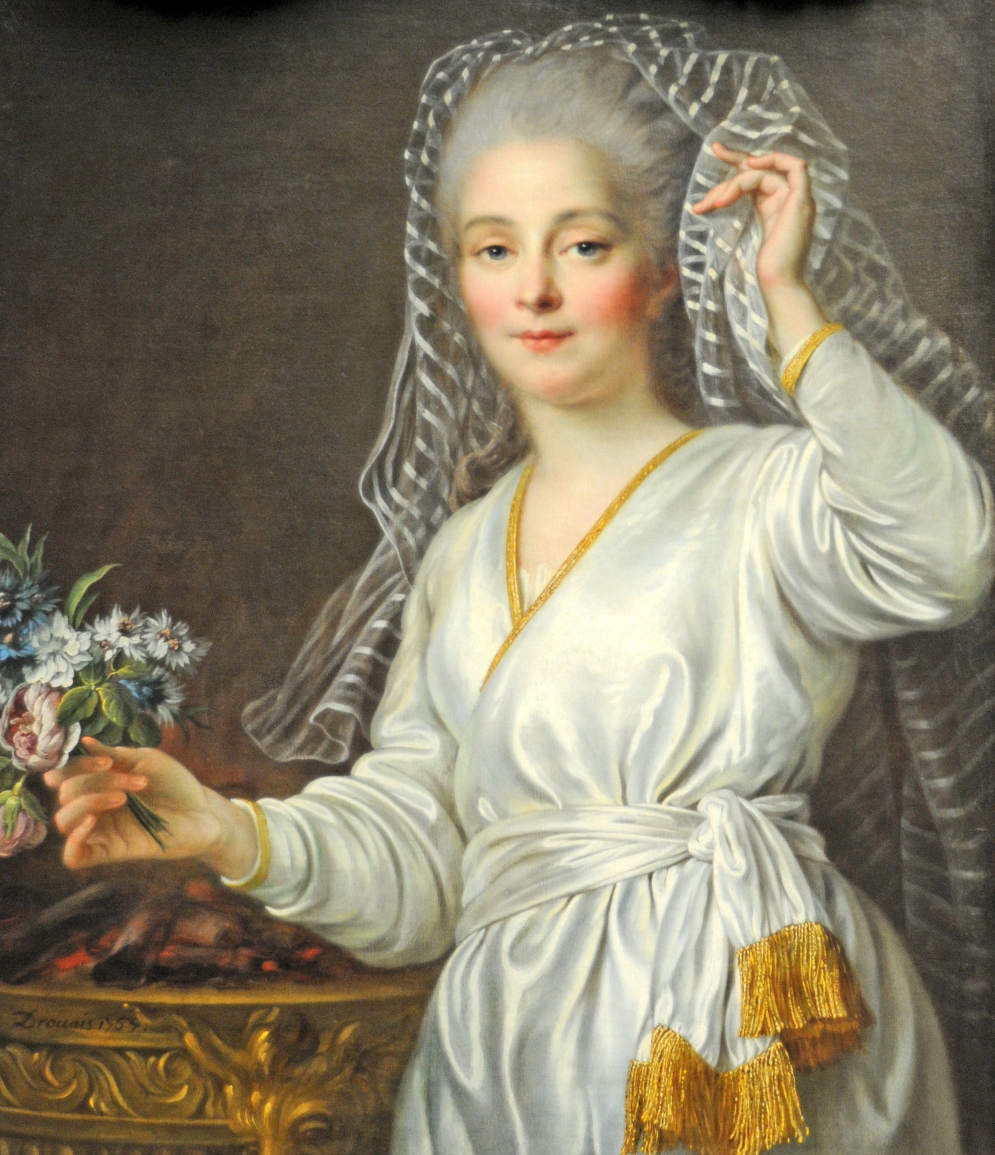 Portrait of a Young Woman as a Vestal Virgin, vintage artwork by François-Hubert Drouais, 12x8" (A4) Poster
