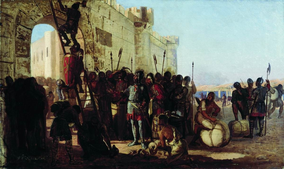 Prince Oleg Has His Shield Fixed to the Gates of Constantinople, vintage artwork by Nikolai Bodarevsky, 12x8" (A4) Poster