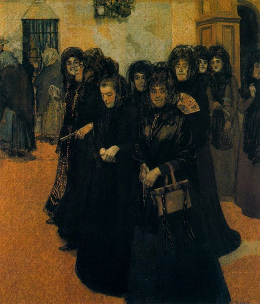 Group of Women Leaving the Church, vintage artwork by Adolfo Lozano Sidro, 12x8" (A4) Poster