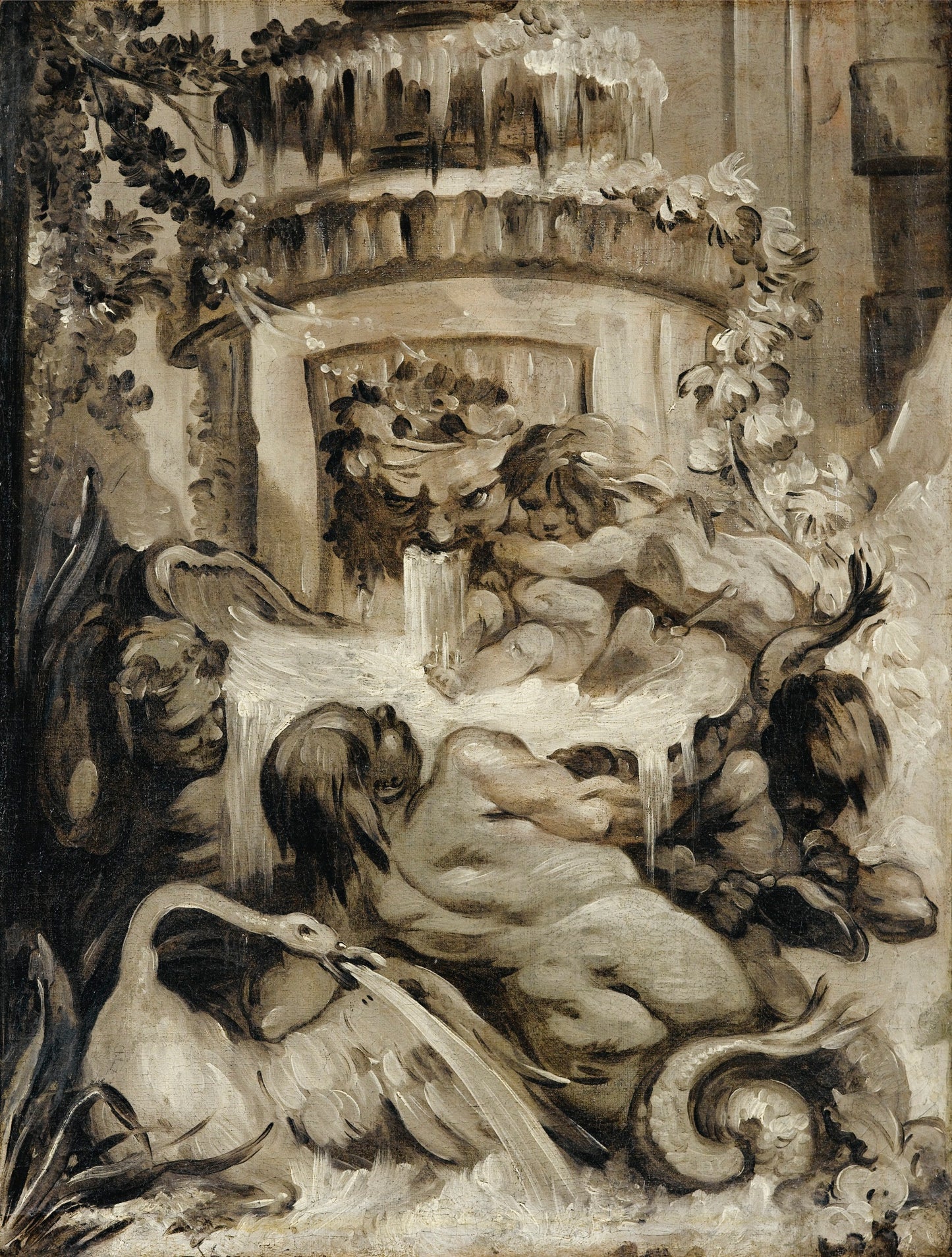 Putti Playing next to a Fountain, vintage artwork by Attributed to Pierre Charles Tremolières, 12x8" (A4) Poster