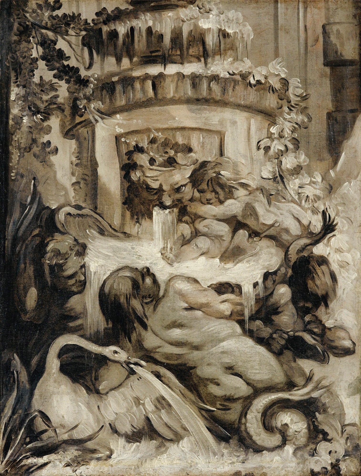 Putti Playing next to a Fountain, vintage artwork by Attributed to Pierre Charles Tremolières, 12x8" (A4) Poster