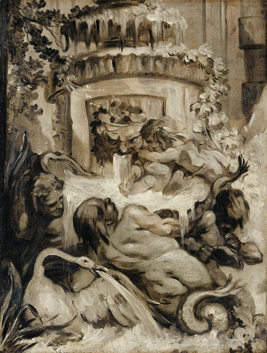 Putti Playing next to a Fountain, vintage artwork by Attributed to Pierre Charles Tremolières, 12x8" (A4) Poster